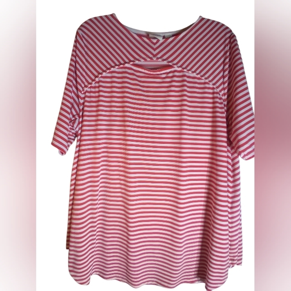 Chicos Womens Red & White Striped Long Top Size Chicos 3 Keyhole Work Casual